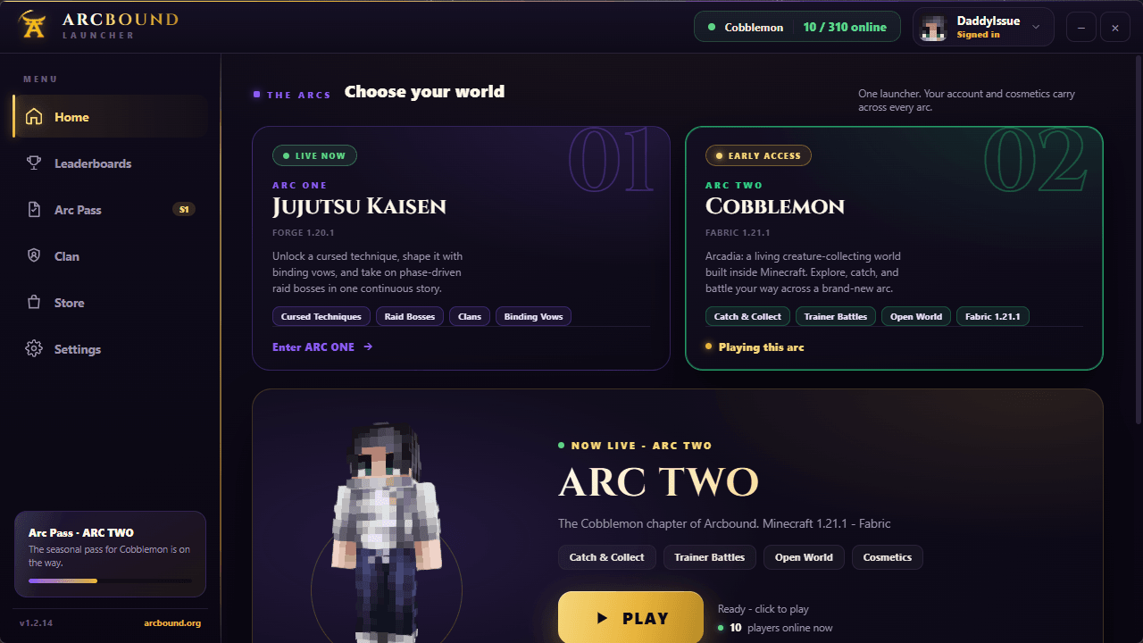 The Arcbound launcher dashboard with the Play button, player stats, and news feed