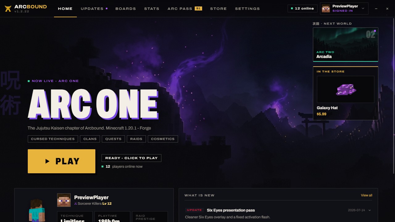 The Arcbound launcher: the Arc One world, the Play button, and what is new